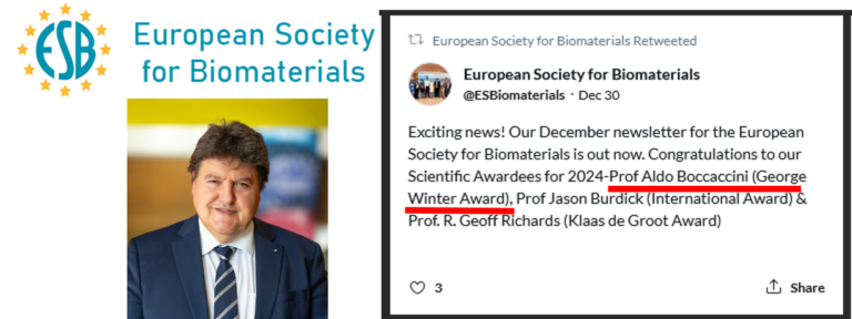 Prof. Aldo R. Boccaccini wins George Winter Award 2024 of the European Society for Biomaterials